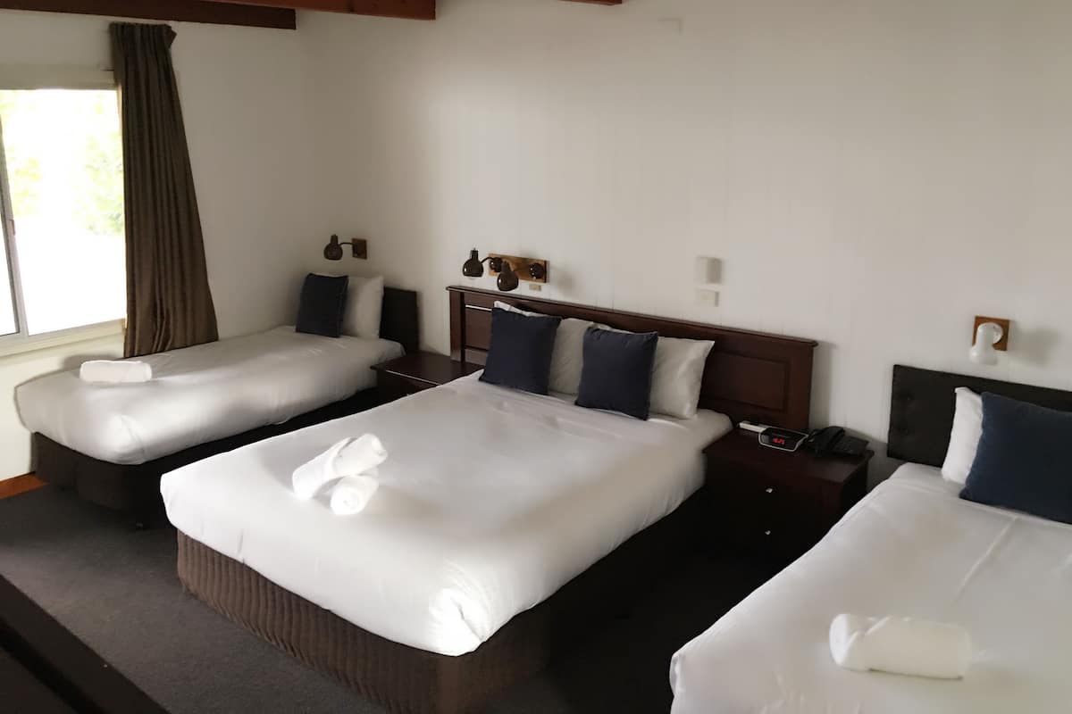 Una habitación de hotel con dos camas individuales, un escritorio y una silla.