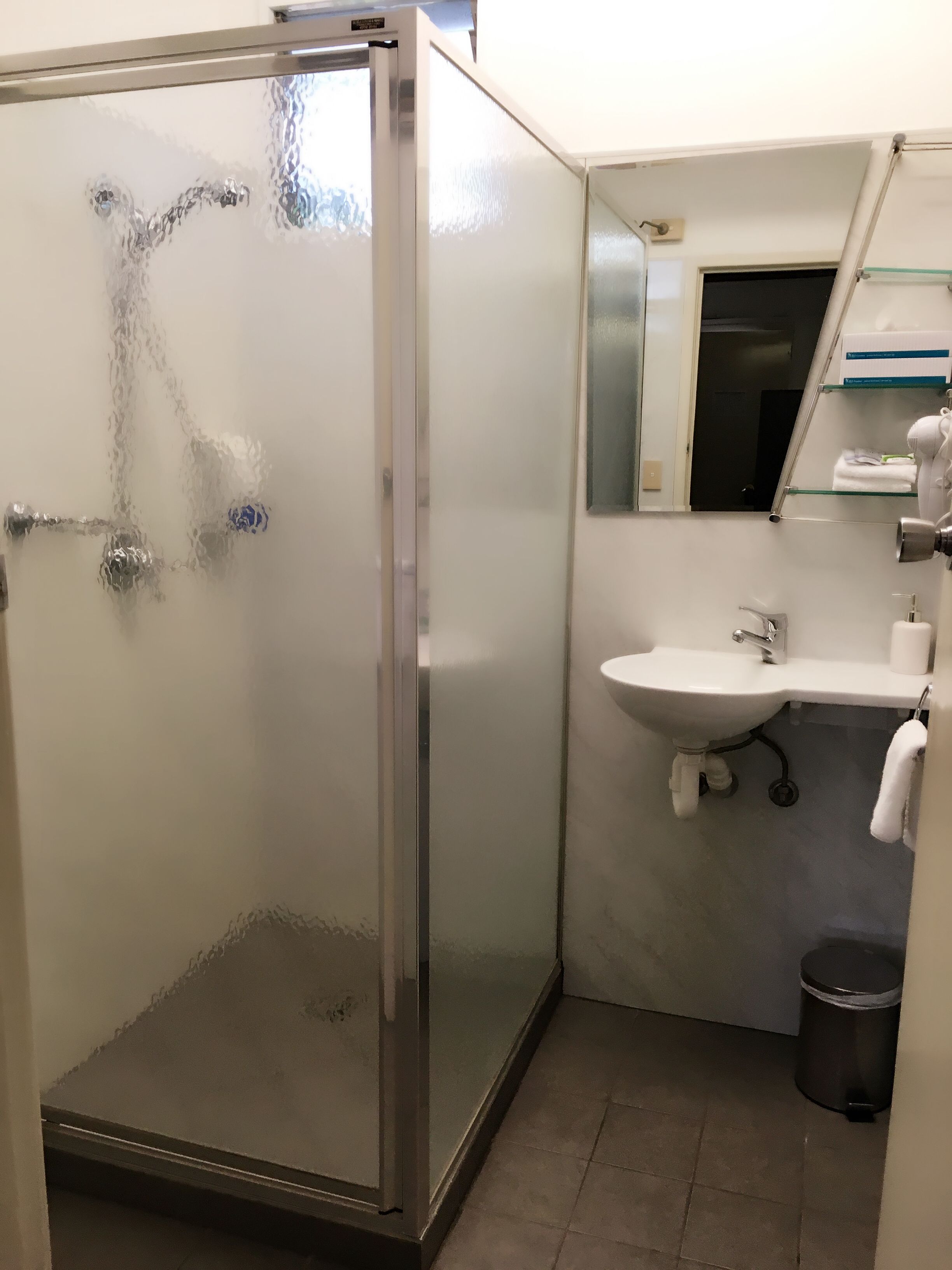 A bathroom with a glass shower enclosure, a sink with a mirror, and a towel rack.