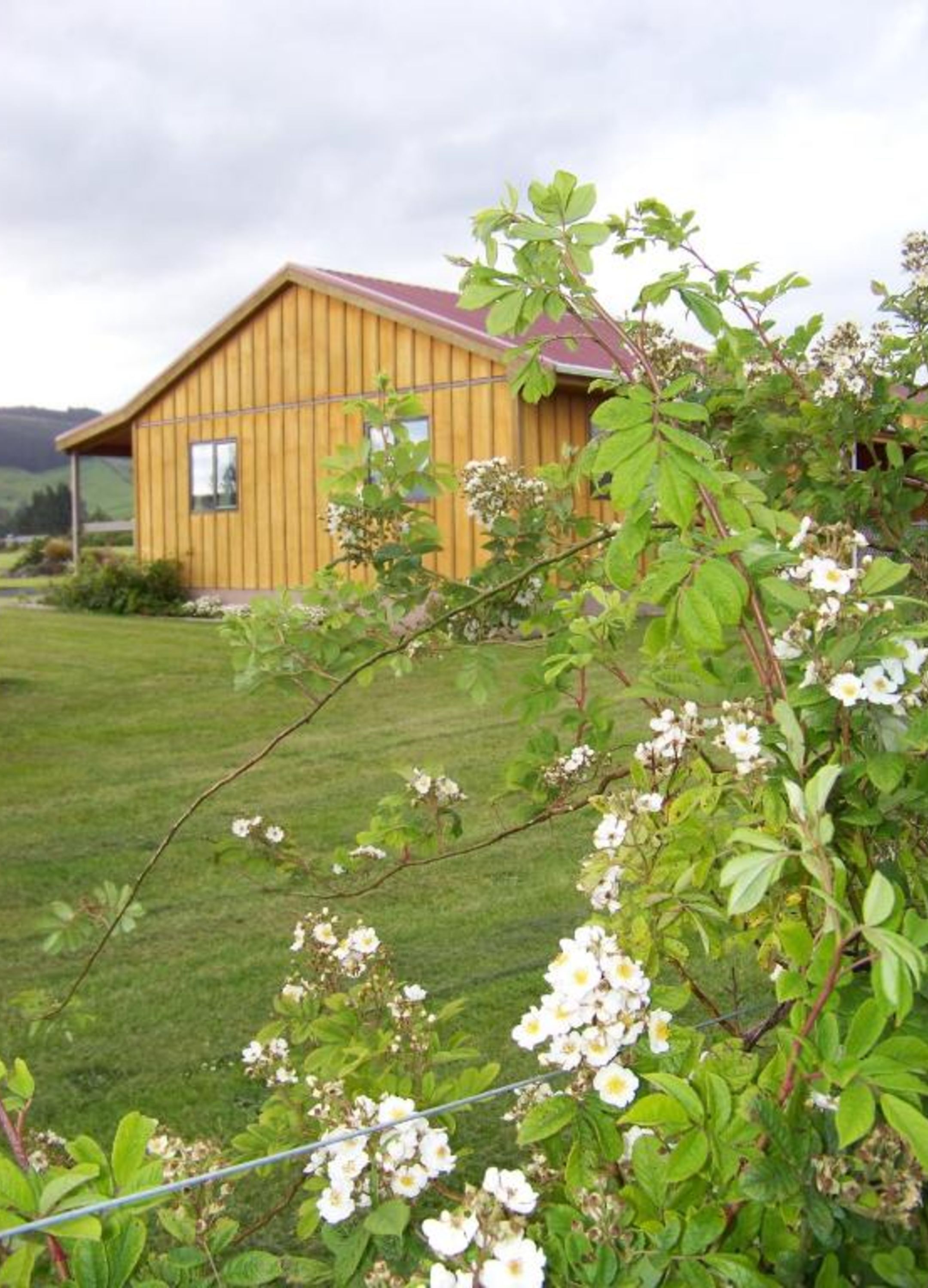 Uma casa de madeira com telhado vermelho, rodeada por um campo gramado e plantas floridas.