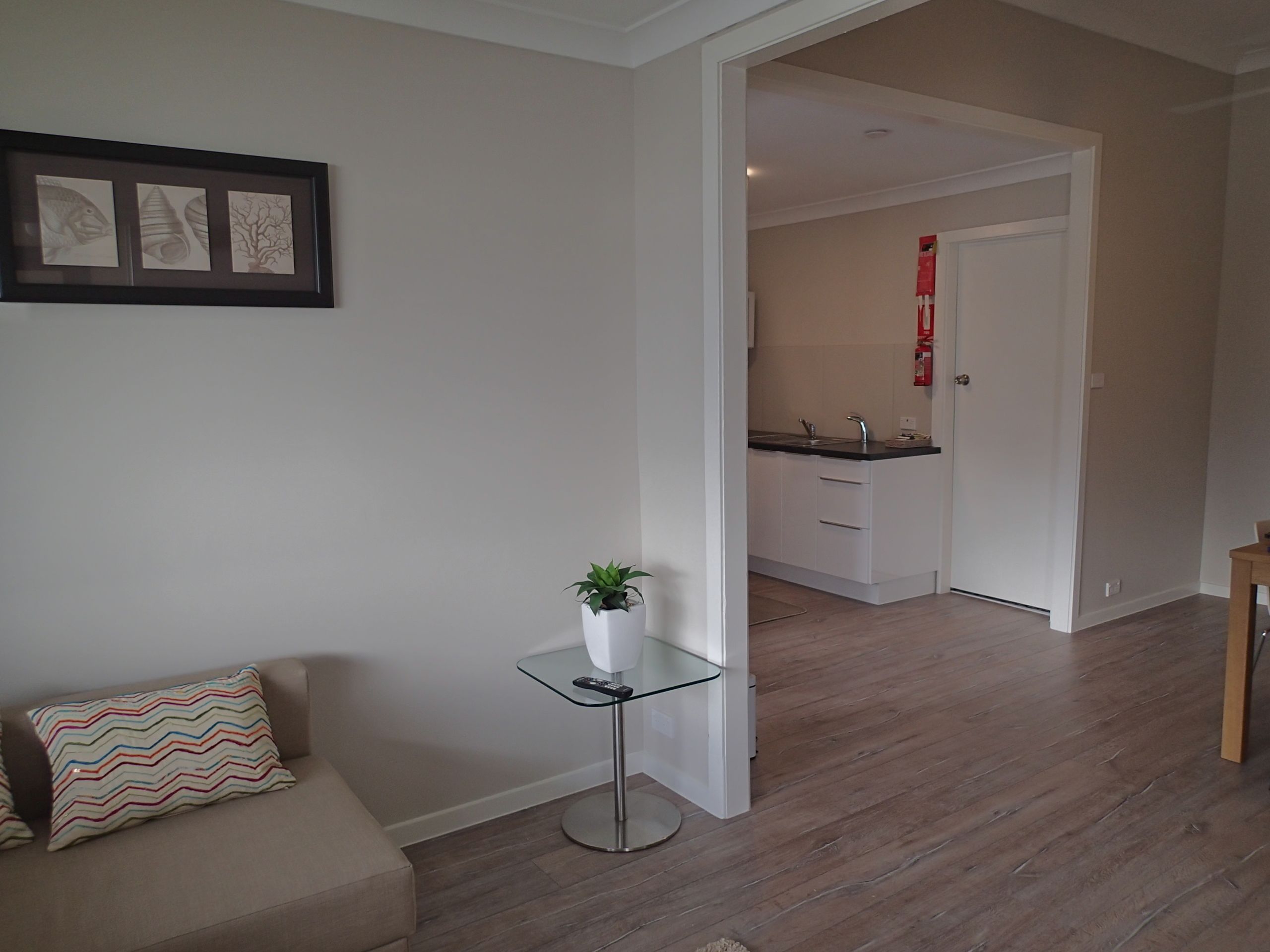 Un salon moderne avec un canapé, une table basse en verre agrémentée d’une plante, et une cuisine en arrière-plan.