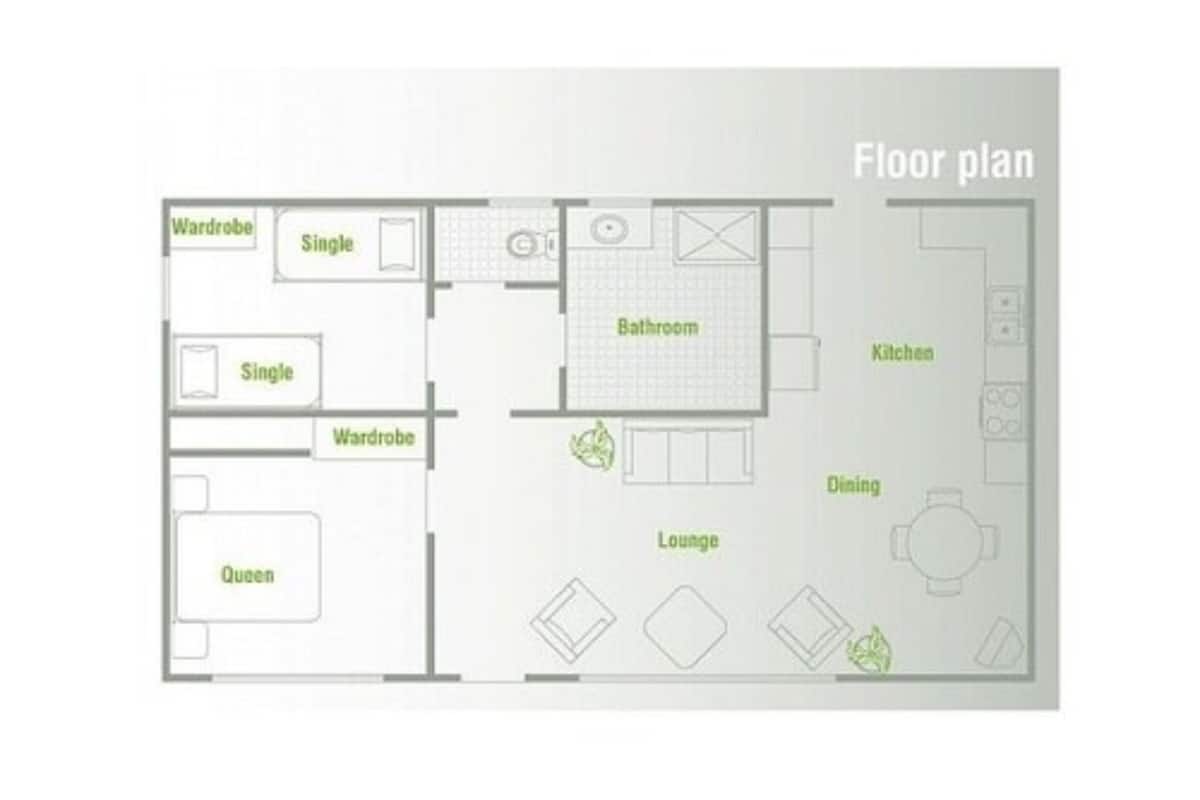 A floor plan with labeled rooms including a wardrobe, single rooms, a queen room, a bathroom, a kitchen, a dining area, and a lounge.