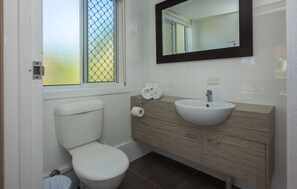 Un baño con inodoro, lavamanos y espejo.