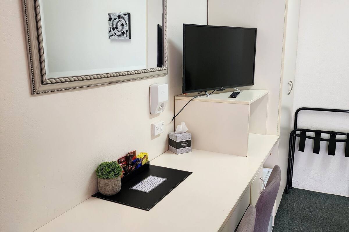 A hotel room with a white desk, a flat-screen TV, a small potted plant, a tissue box, and a black chair.