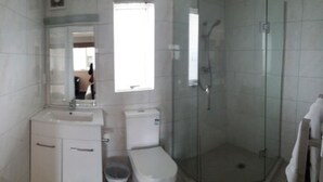 A bathroom with a glass-enclosed shower, a sink, and a toilet. - Auckland Phoenix Palm (Auckland)