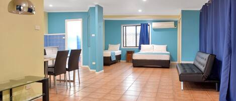 Desk, blackout curtains, rollaway beds, free WiFi