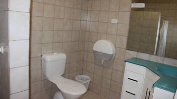 A bathroom with a toilet, a trash bin, a sink with a mirror, and a cabinet.