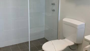 Une salle de bain moderne avec une douche à parois de verre, des toilettes et un sol carrelé.