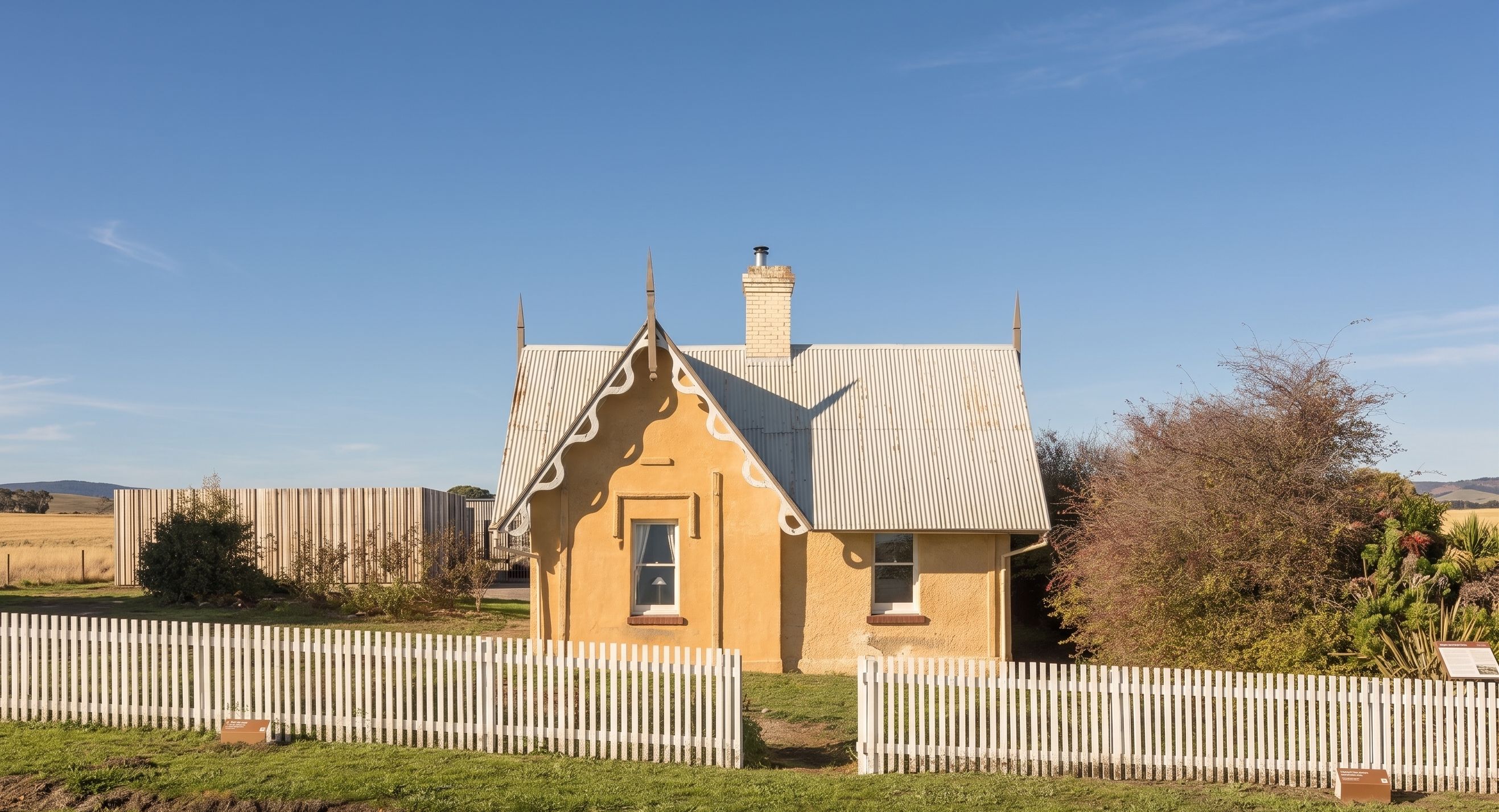 A single-story house with a gabled roof, a chimney, and a white picket fence in front.
