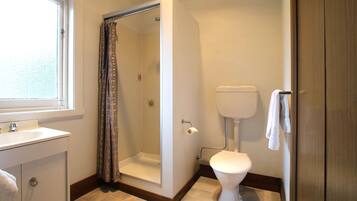 Un bagno con doccia, WC e lavandino.