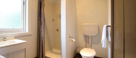 A bathroom with a shower, toilet, and sink.