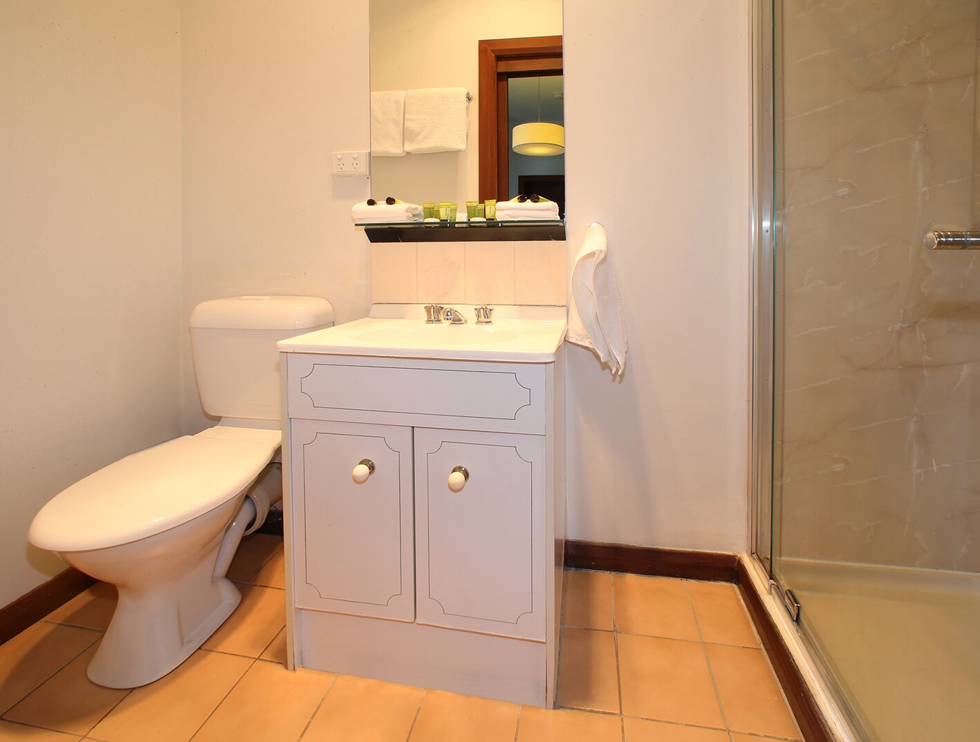 A bathroom with a toilet, a sink with a mirror, and a shower area.
