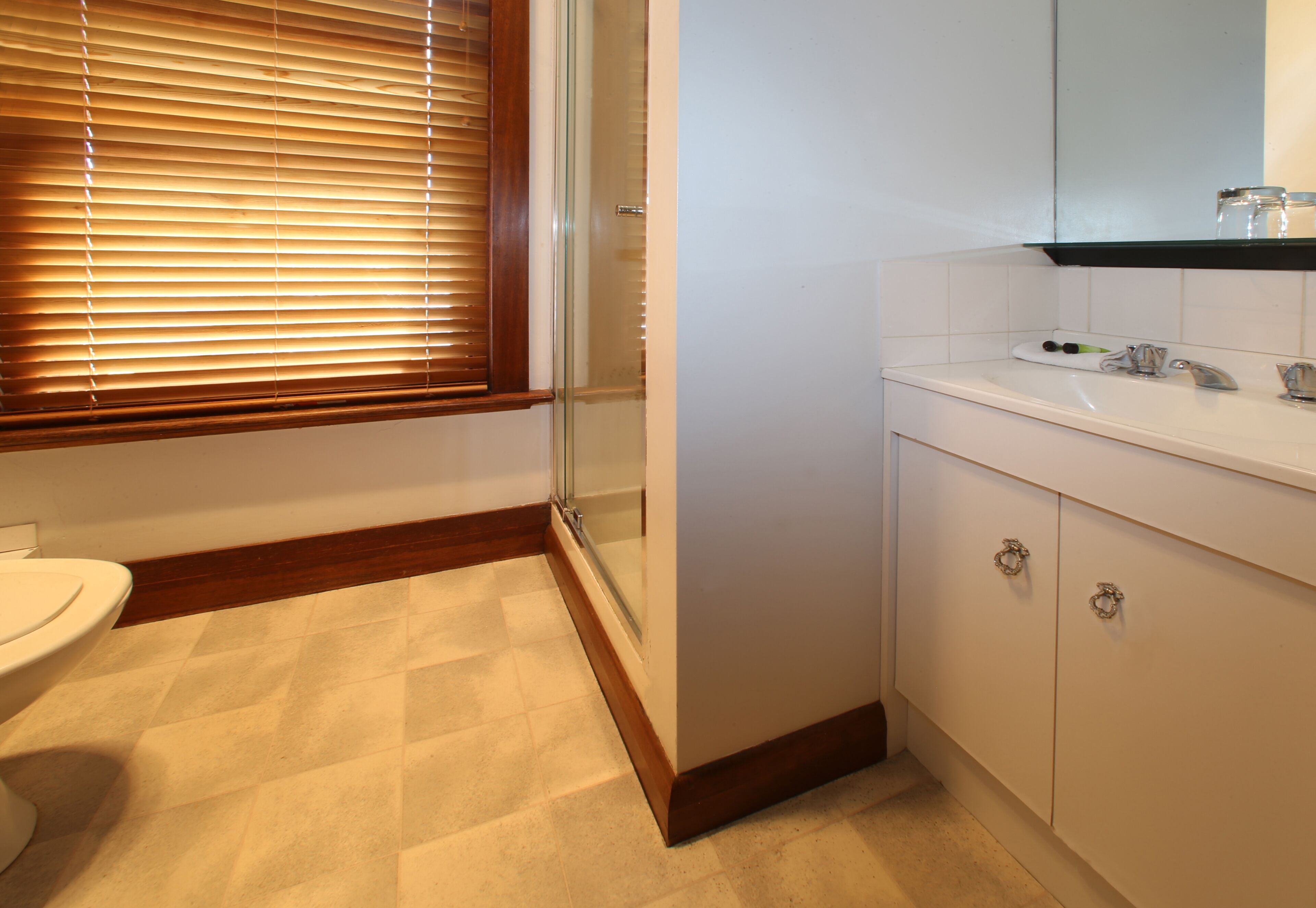 A bathroom with a toilet, a glass shower enclosure, a sink with a mirror, and a cabinet with two drawers.