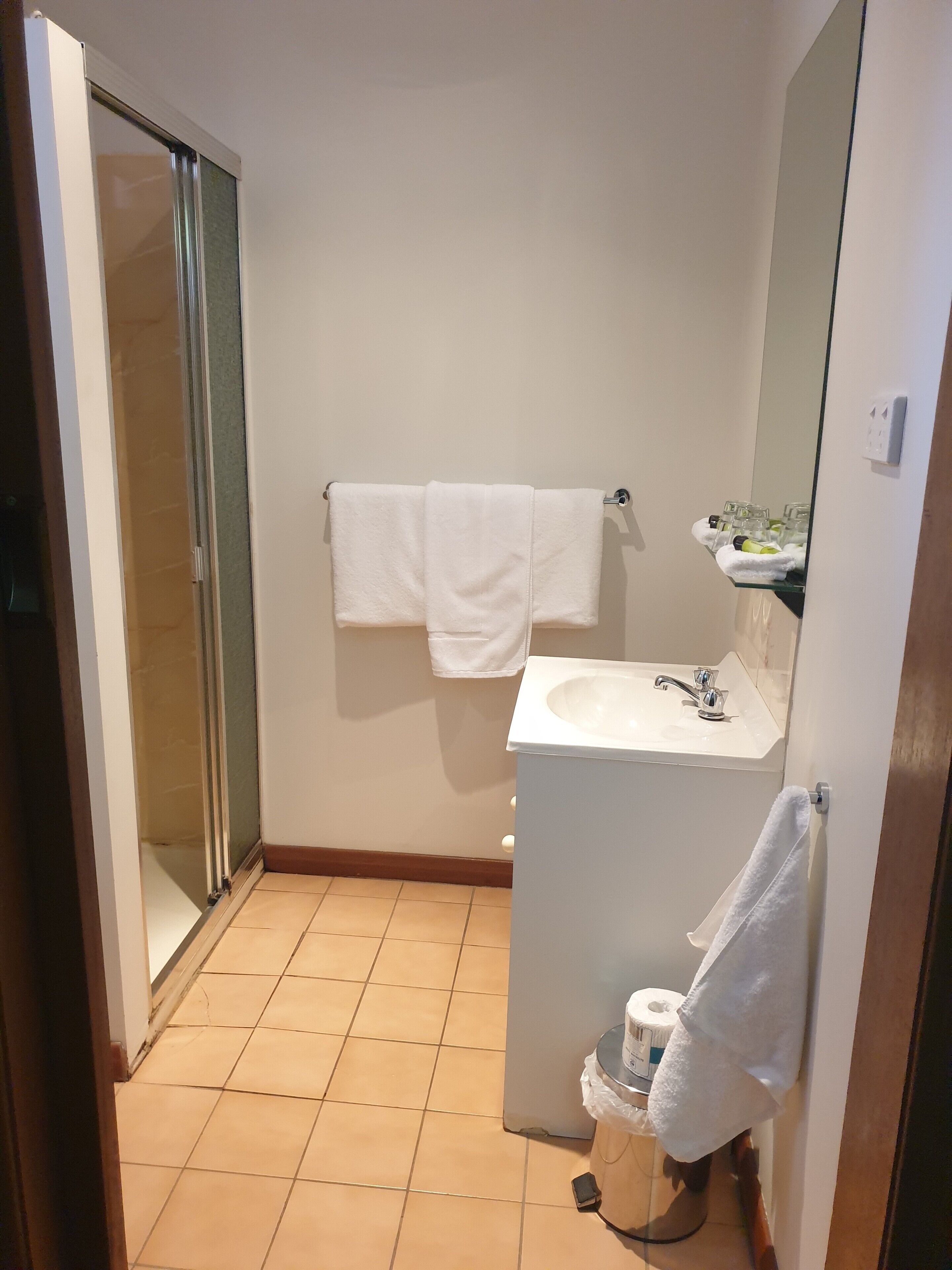 A bathroom with a shower, a sink, and a toilet.