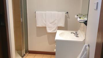 A bathroom with a shower, a sink, and a toilet.