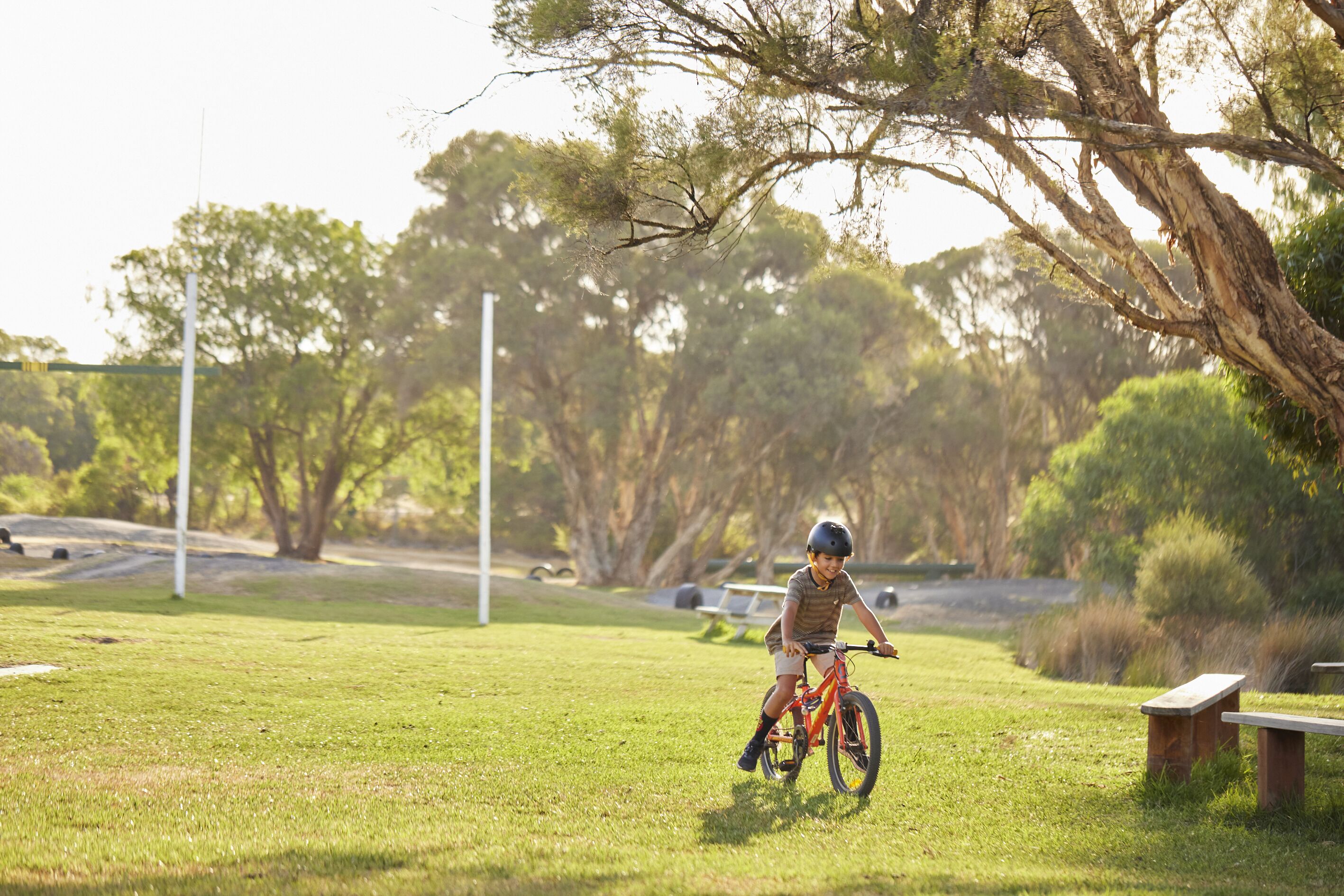 A child riding a bicycle on a grassy field with trees and benches in the background.