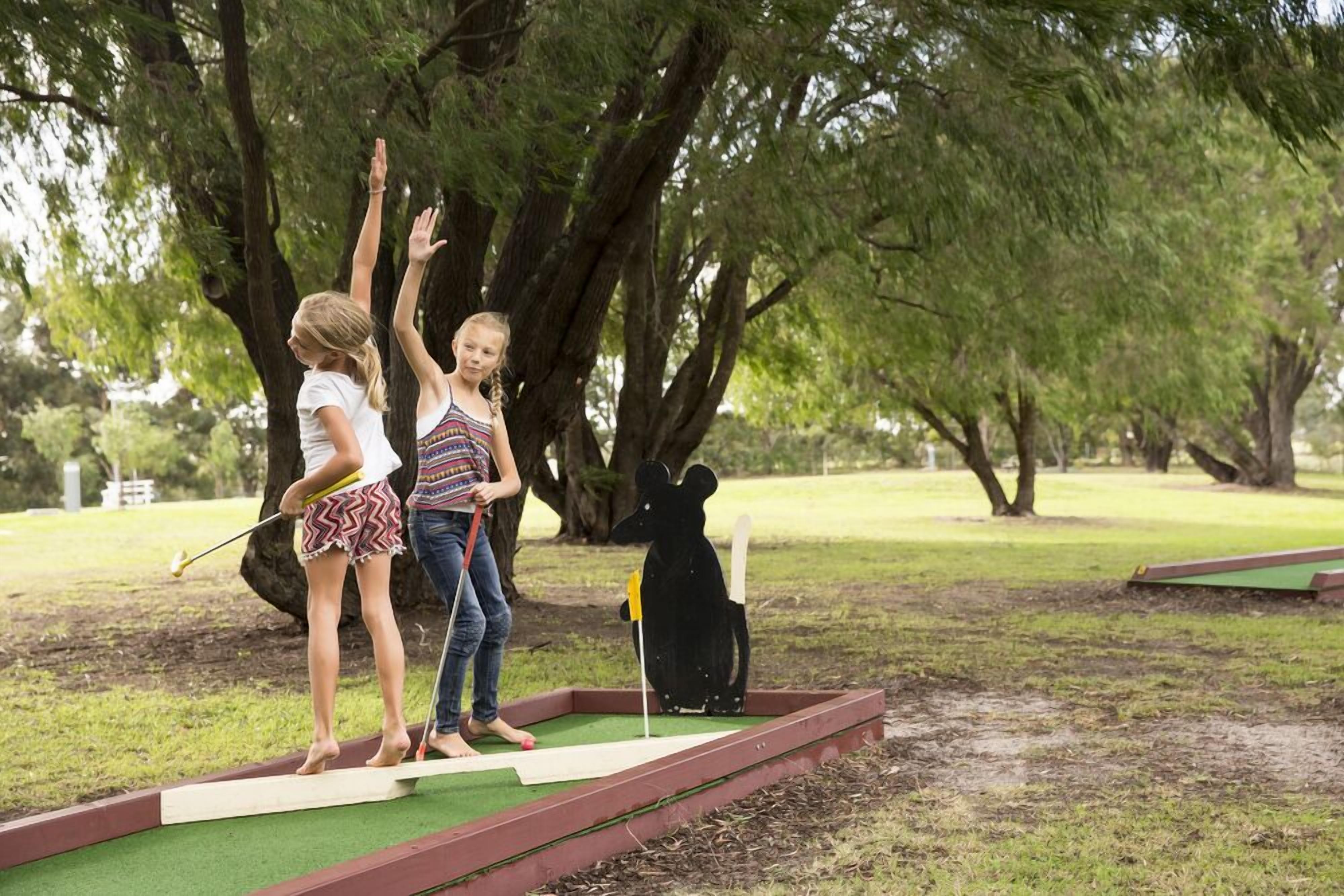 A miniature golf course with a putting green, a hole with a flag, and a black bear decoration.