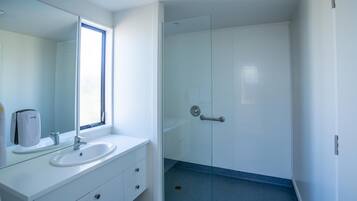 Shower, free toiletries, hair dryer, towels