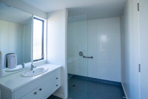 Shower, free toiletries, hair dryer, towels