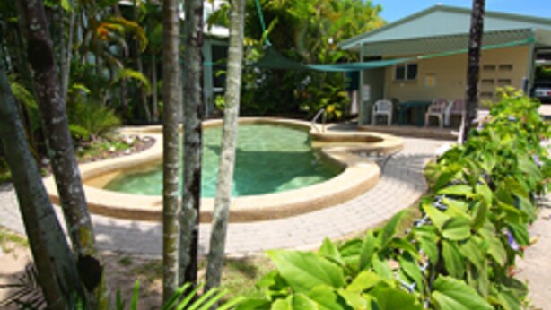 Un área de piscina con una fuente circular rodeada de palmeras y una zona de estar cubierta.