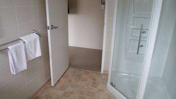 Shower, free toiletries, hair dryer, towels