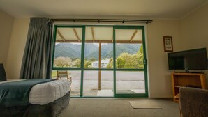 A hotel room with a bed, a television on a wooden stand, and a large sliding glass door leading to a parking area. - Rainforest Motel (Fox Glacier)