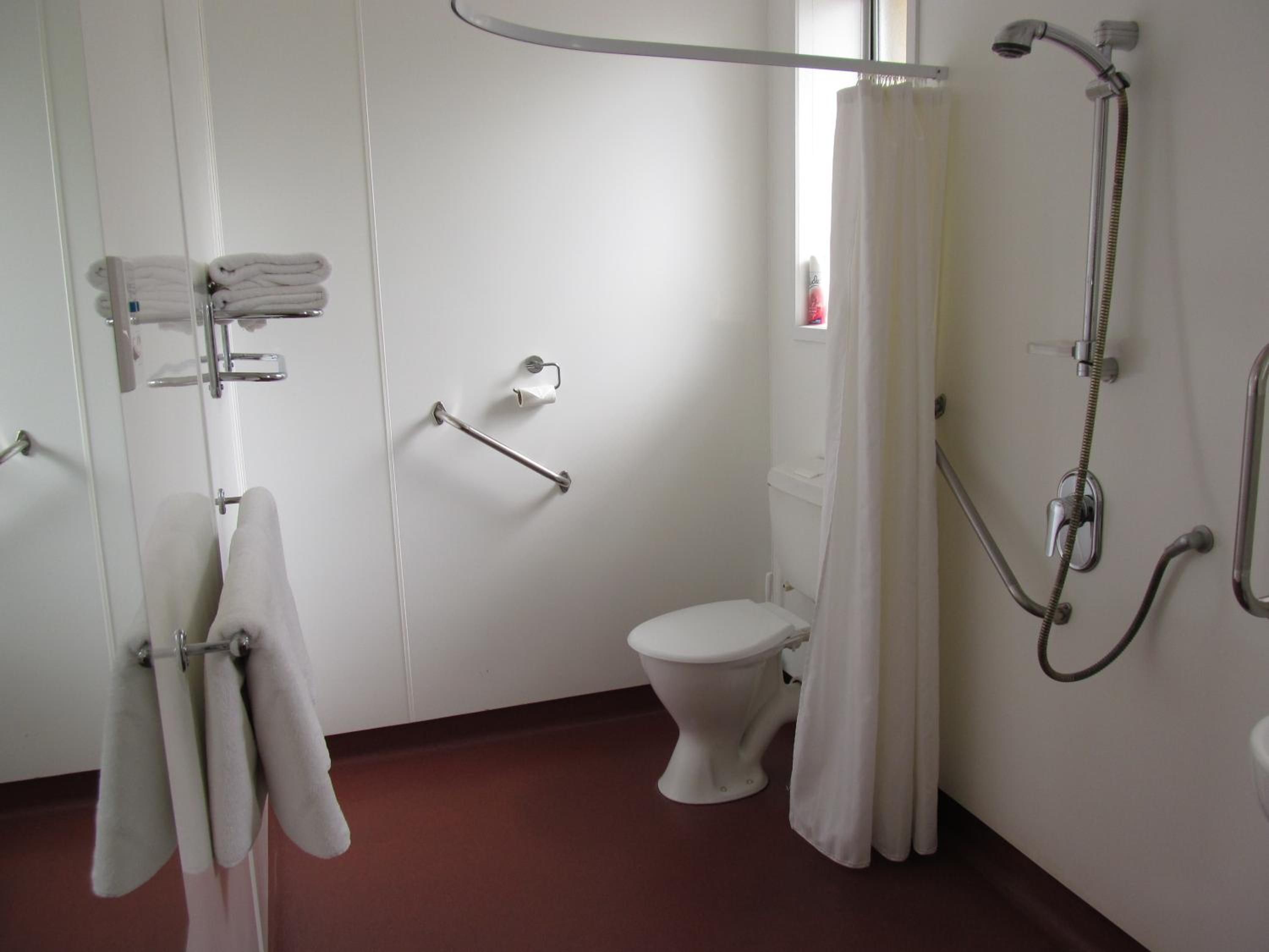 Et badeværelse med toilet, bruser med håndbruser og gelænder.