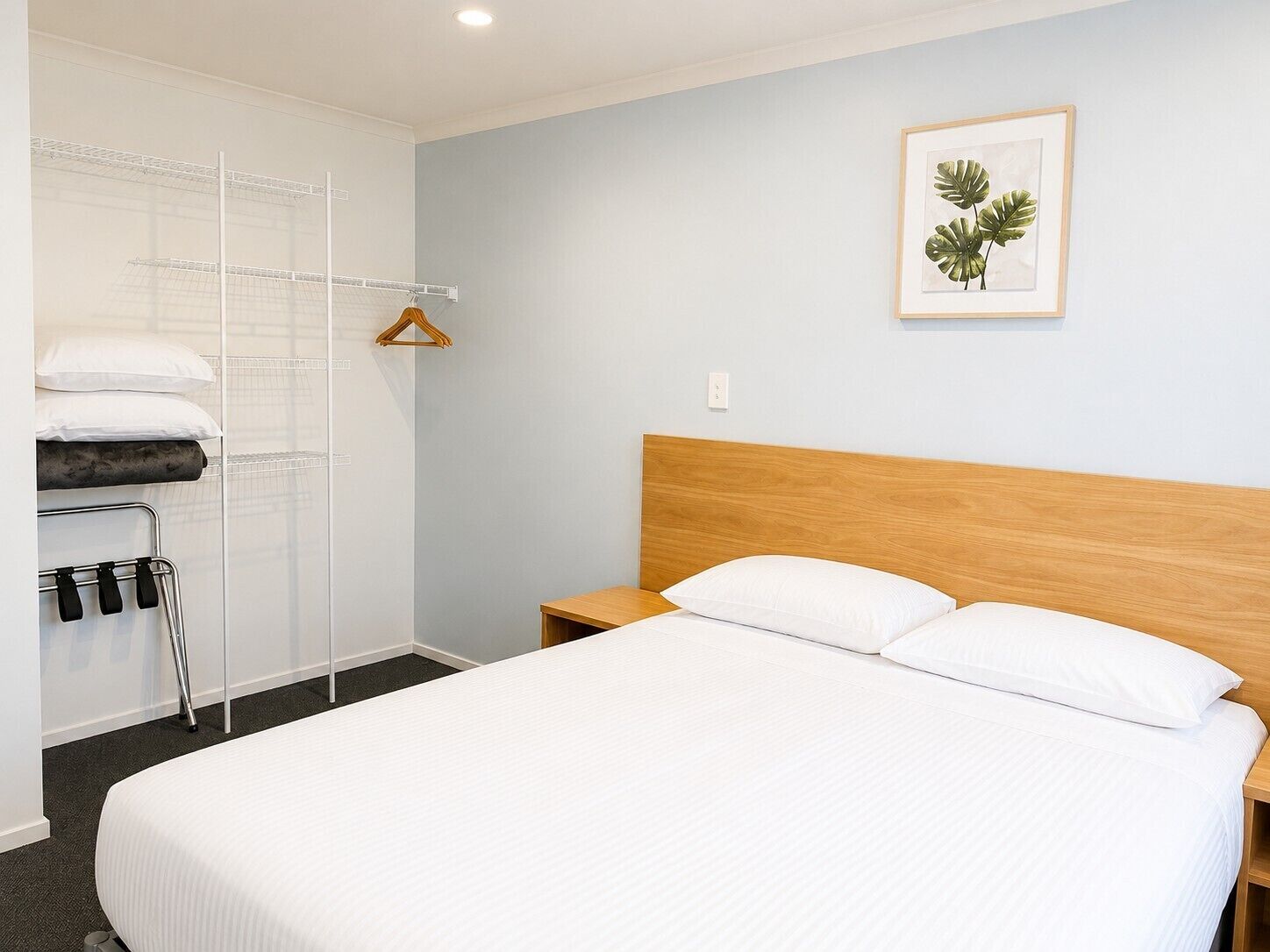 A hotel room with a bed, a wooden headboard, a nightstand, a hanging coat rack, and a framed plant on the wall.