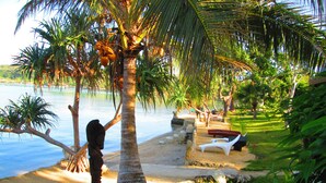 Un resort tropical con una palmera, una hamaca y una silla de playa junto al agua.