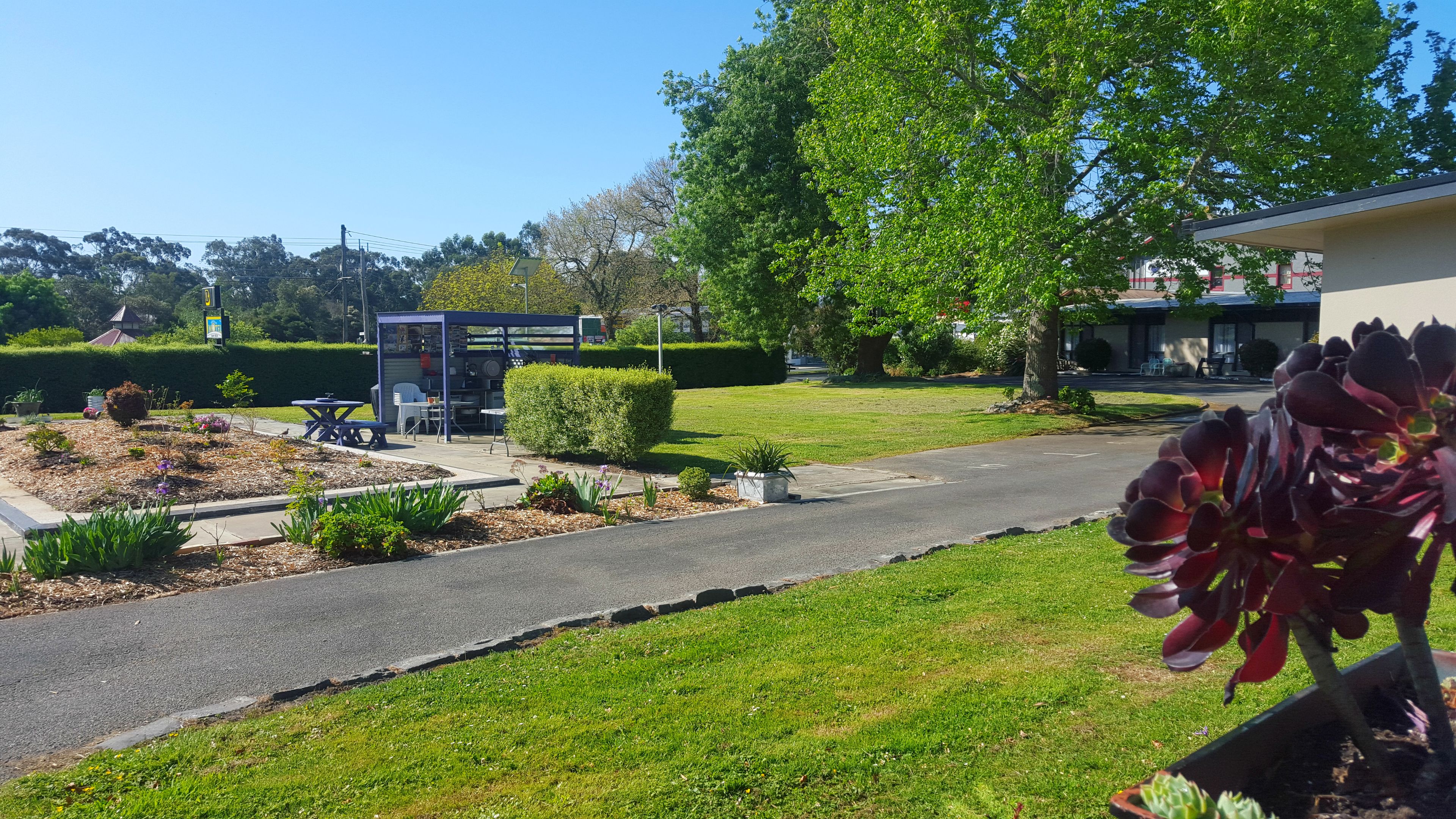 A well-maintained garden with a picnic area, a small shed, and a road.