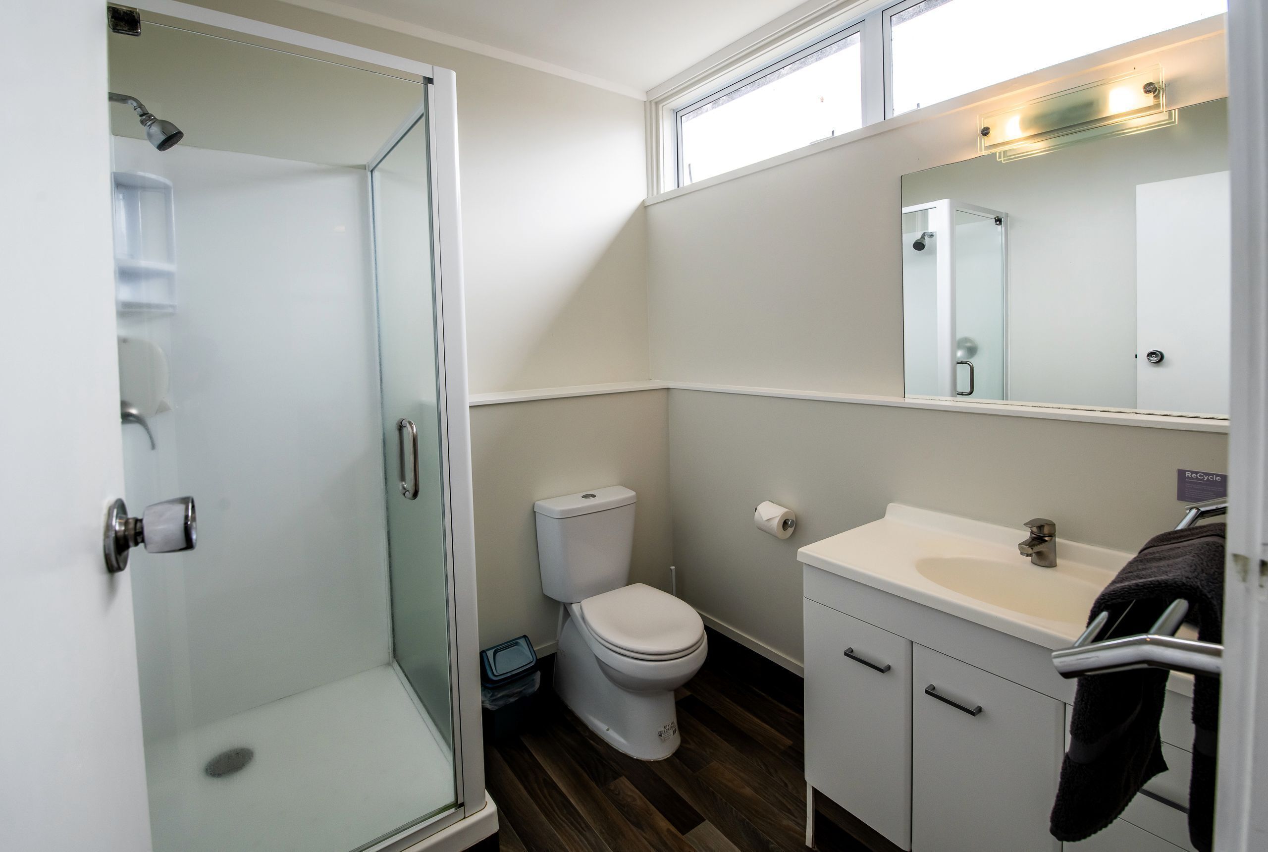 A modern bathroom with a glass shower enclosure, a toilet, a sink, and a mirror.