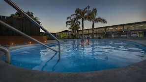 A swimming pool with a metal ladder, surrounded by palm trees and a wooden fence.