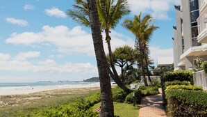 A beachfront view with palm trees and a pathway leading to a building. - Surfers Horizons Resort (Palm Beach)