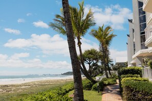A beachfront view with palm trees and a pathway leading to a building. - Surfers Horizons Resort (Palm Beach)