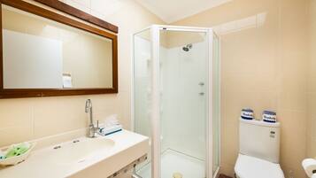 A bathroom with a glass-enclosed shower, a sink with a mirror above it, and a toilet with toilet paper.