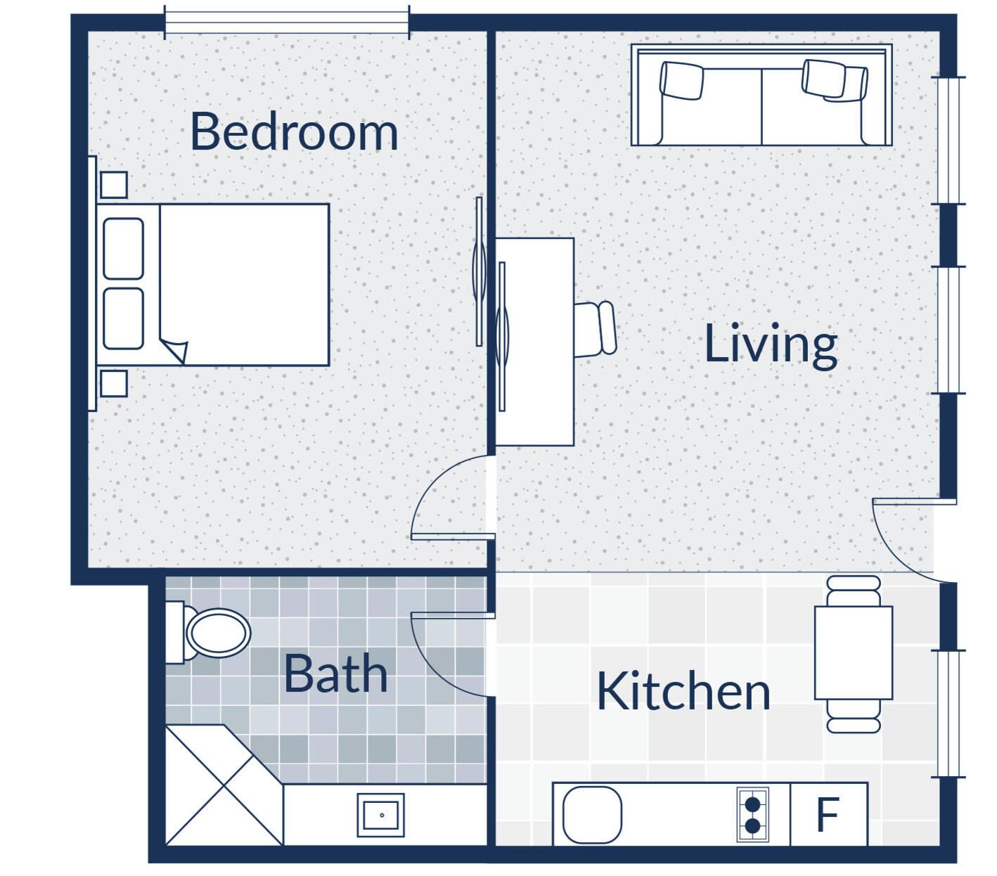 Plano de planta que muestra un dormitorio, sala de estar, cocina y baño.