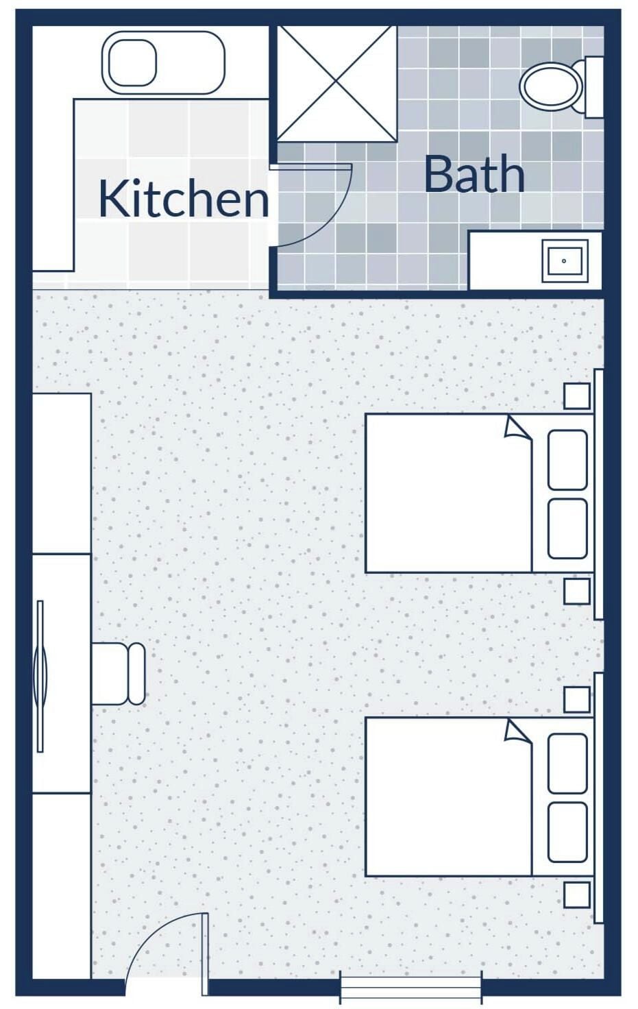 Ein Grundriss mit einer Küche und einem Badezimmer.