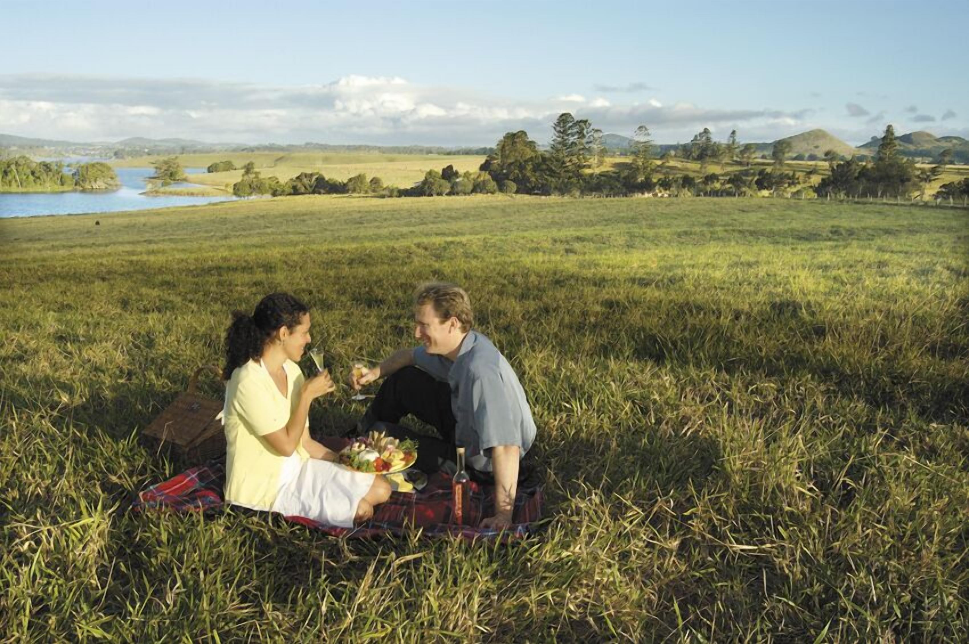 Un couple est assis sur une couverture dans un champ herbeux, avec un lac et des collines en arrière-plan.