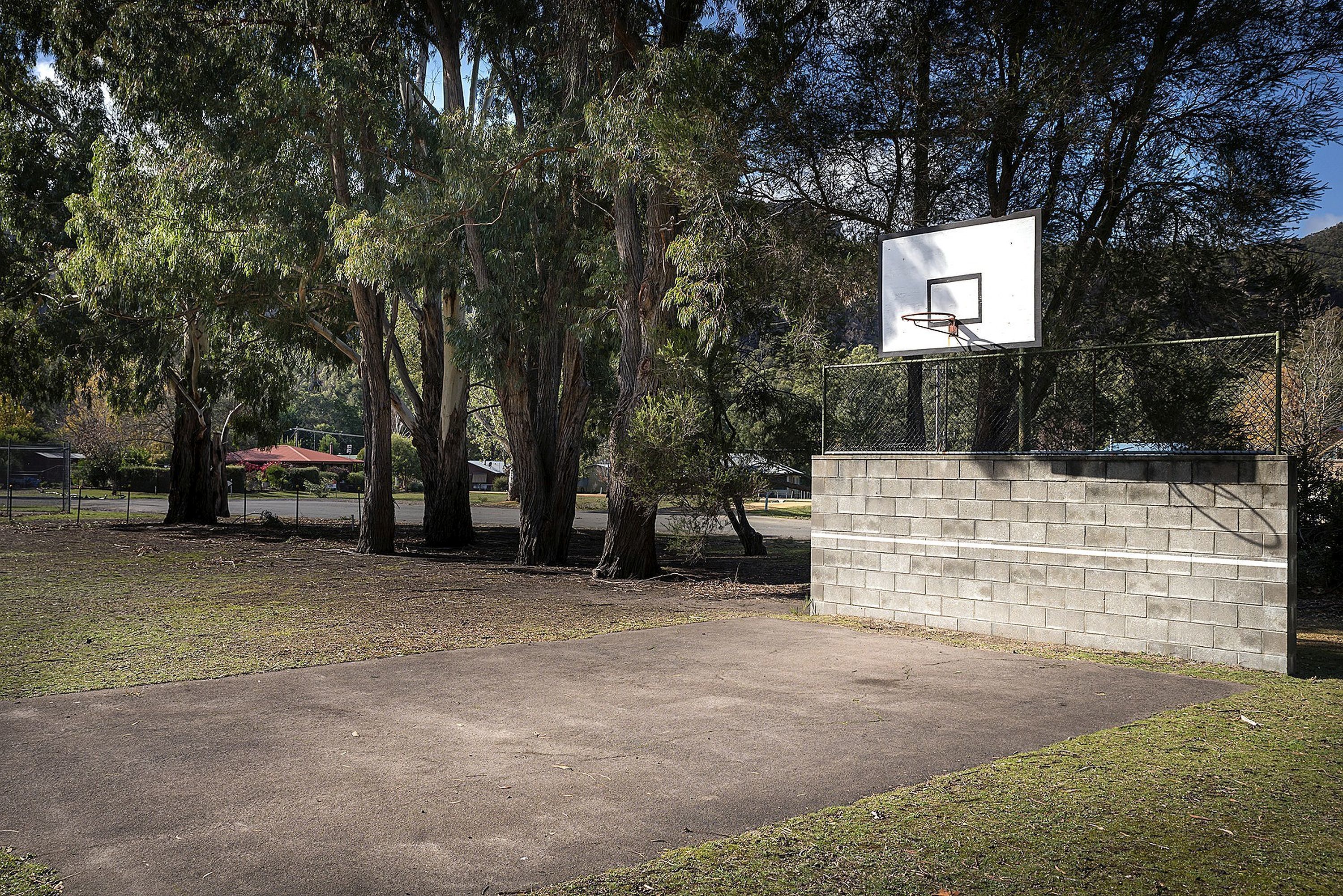 A basketball court with a concrete surface, surrounded by trees and a brick wall.