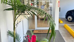 Un espace d’accueil avec une porte, des plantes en pot et une voiture garée à l’extérieur.