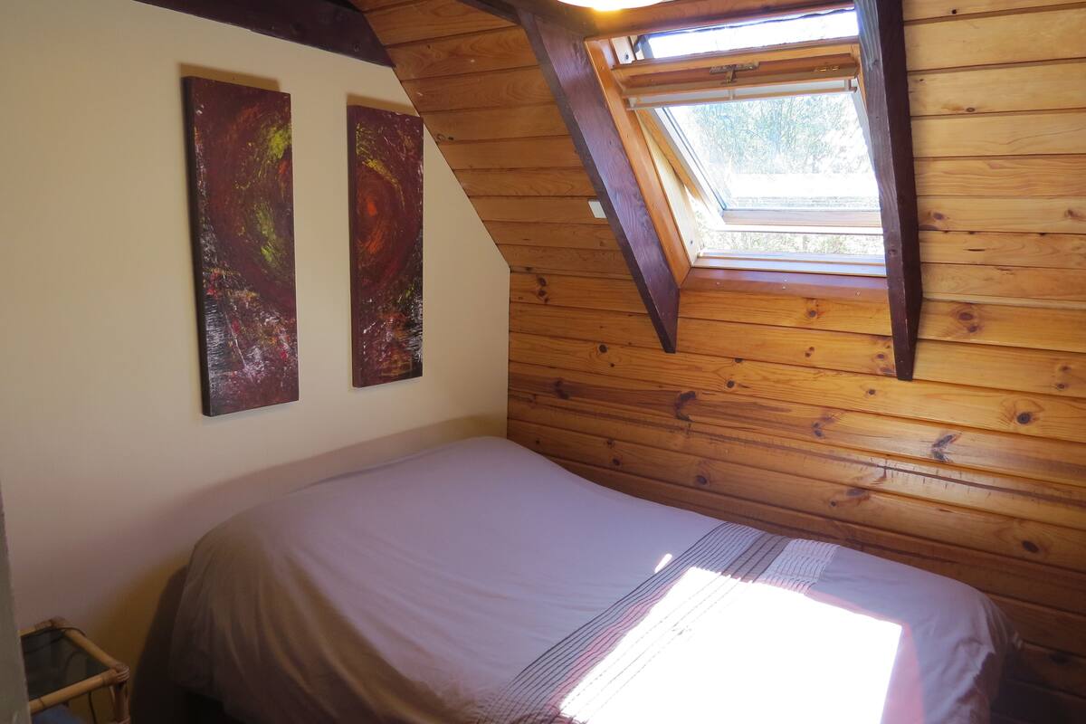 A bedroom with a sloped ceiling, wooden walls, a bed, and two abstract paintings.