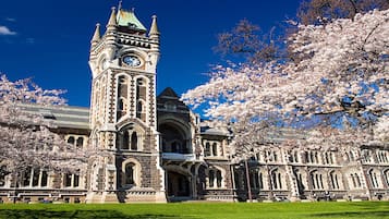A historic building with a prominent clock tower, surrounded by blooming cherry trees.