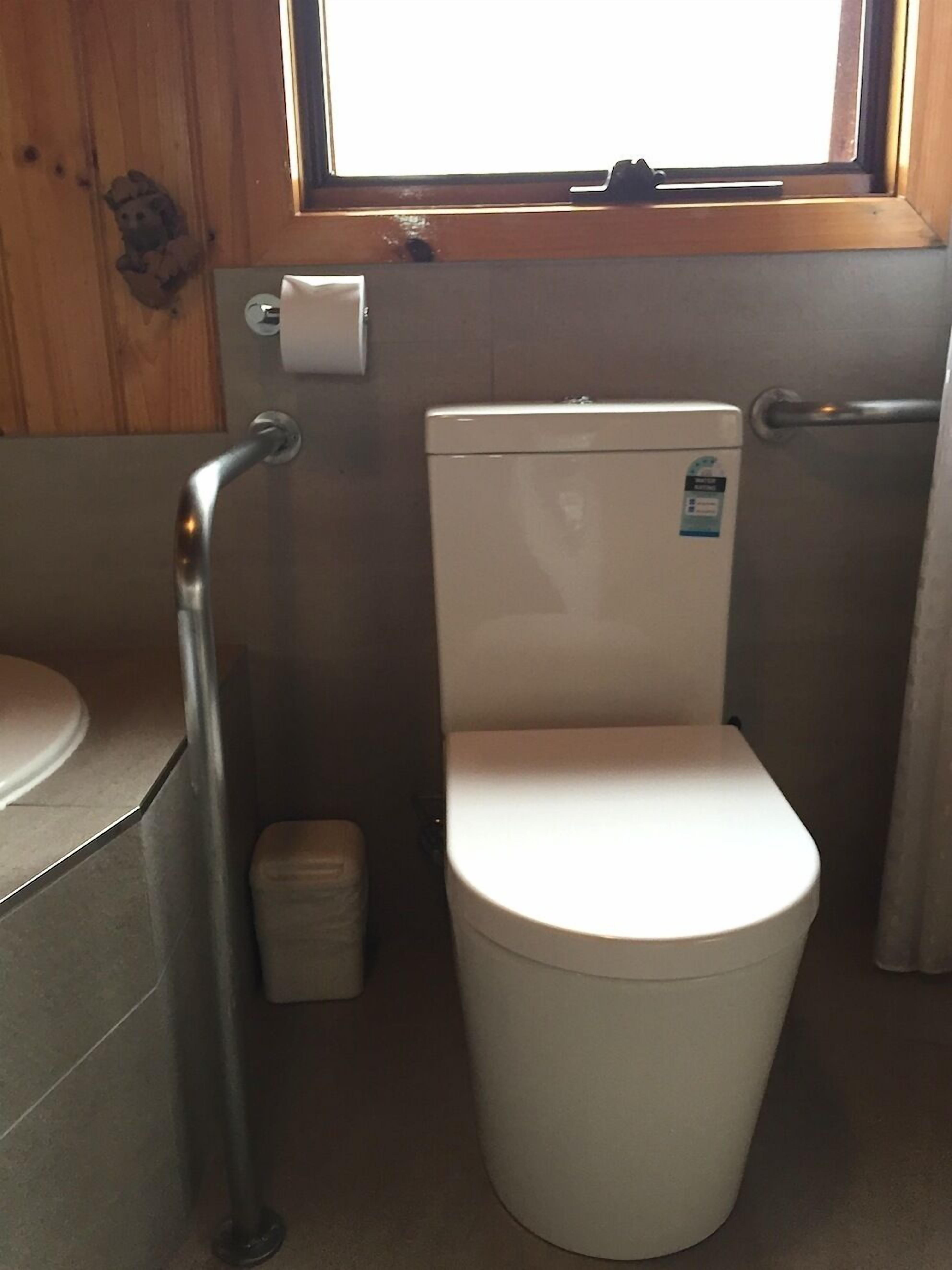 A small, compact bathroom with a toilet, a handrail, a small trash bin, and a window above the toilet.