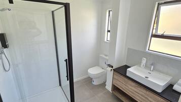 A modern bathroom with a glass shower enclosure, a toilet, and a sink with a mirror above it.