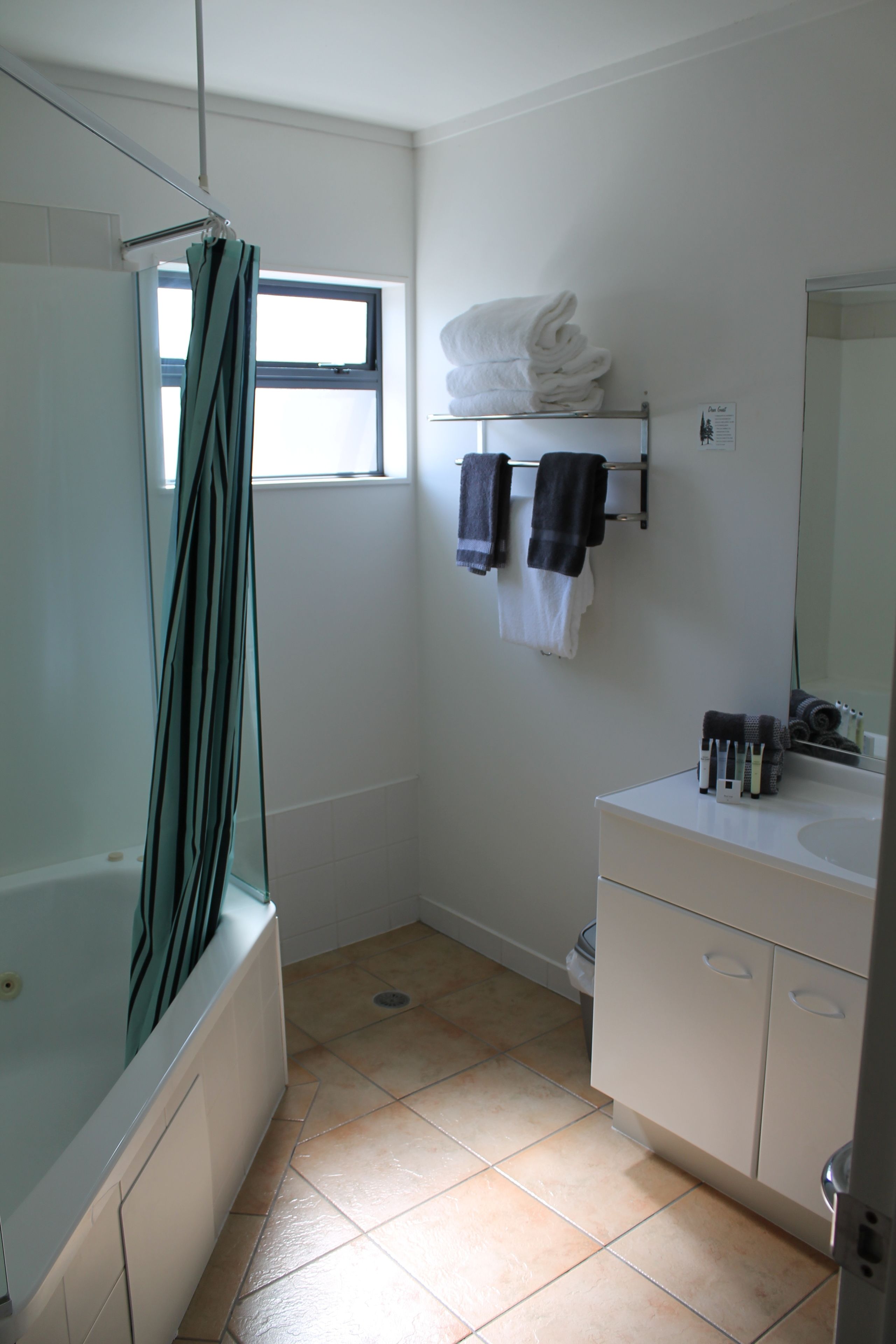 Une salle de bain avec une douche, un lavabo et un porte-serviettes.