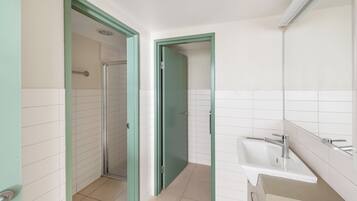 A bathroom with a shower, a sink, and a mirror.