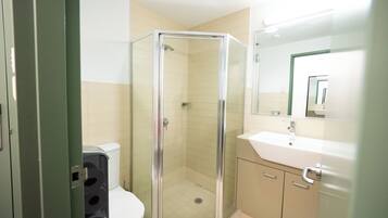 A bathroom with a glass-enclosed shower, a toilet, and a sink with a mirror above it.
