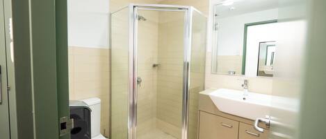 A bathroom with a glass-enclosed shower, a toilet, and a sink with a mirror above it.