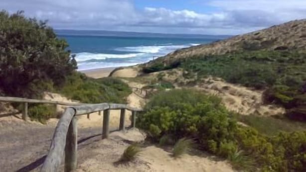 Un paisaje costero con una playa arenosa, un camino de madera y vistas al océano.