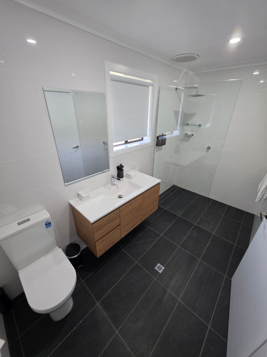A modern bathroom with a white toilet, a sink with a mirror above it, and a shower area.