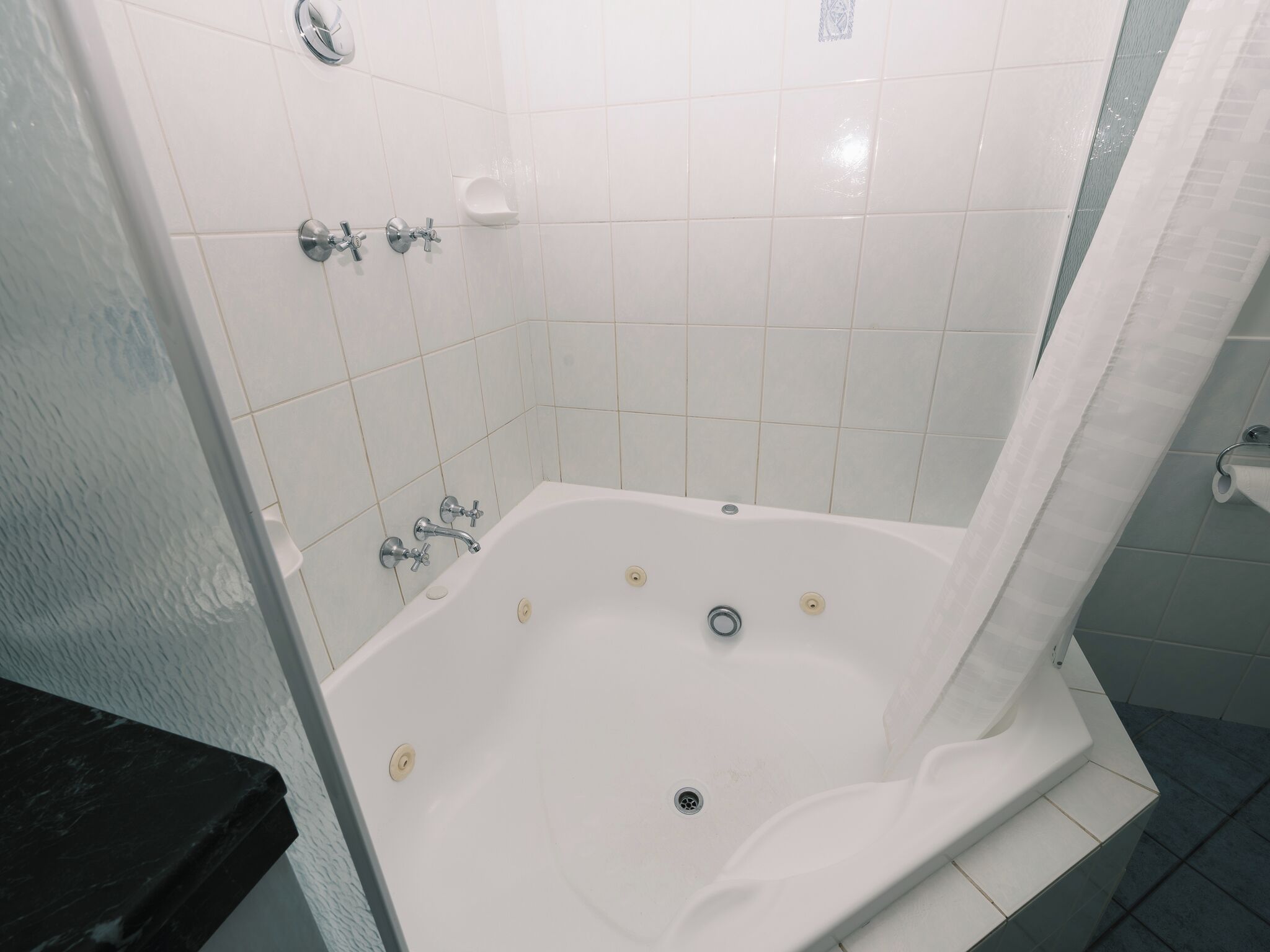 Un baño con una bañera blanca, una cortina de ducha y un porta rollos de papel higiénico.